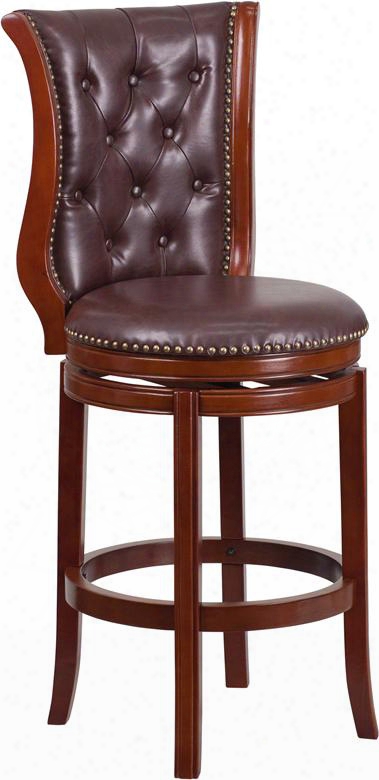 Ta-2301230-dc-gg 49" High Dark Chestnut Wod Barstool With Hepatic Leathersoft Upholstery Swivel Seat And Button Tufted