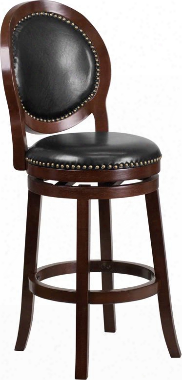 Ta-550130-ca-gg 48" High Cappuccino Wood Barstool With Black Leathersoft Upholstery Swivel Seat And Nail Head