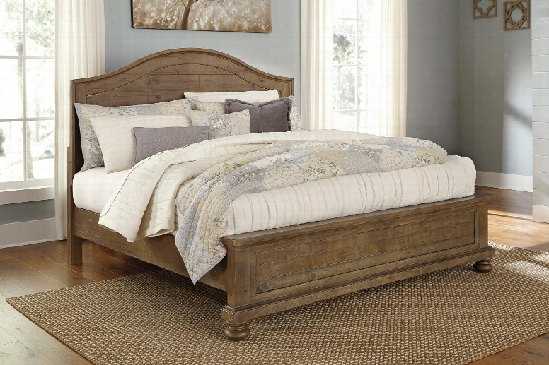 Trishley Collection B659-56/58/94 California King Size Panel Bed With Solid Pine Wood Construction Natural Saws Marks And Turned Bun Feet In Light