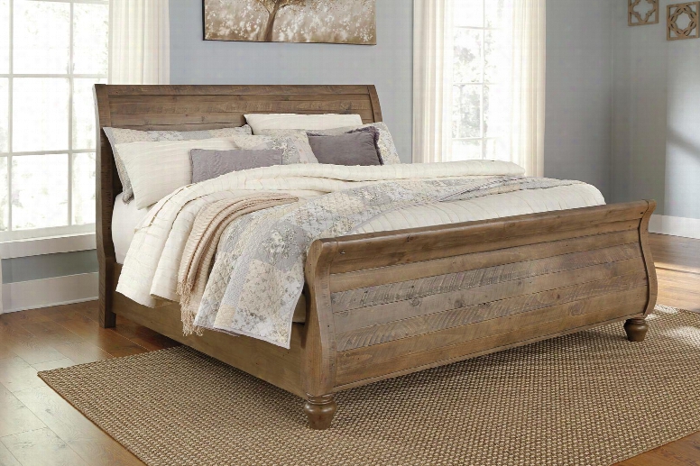 Trishley Collection B659-76/78/95 California King Size Sleigh Bed With Solid Pine Wood Construction Natural Saws Marks And Turned Bun Feet In Light