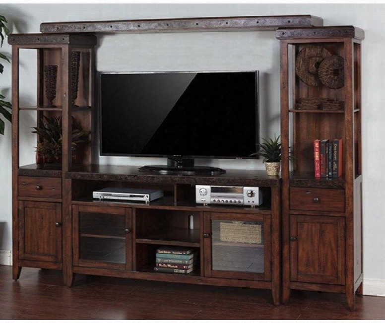 Tuscany Collection 3540vm 98" Entertainment Wall With Tapered Legs 2 Glass Doors And 2 Drawers In Vintage Mocha