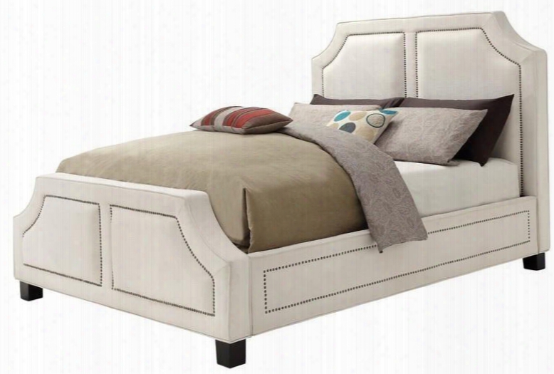 Washbourne Collection 300547q Queen Size Panel Bed With Brass Nailhead Trim Tapered Legs And Fabric Upholstery In White