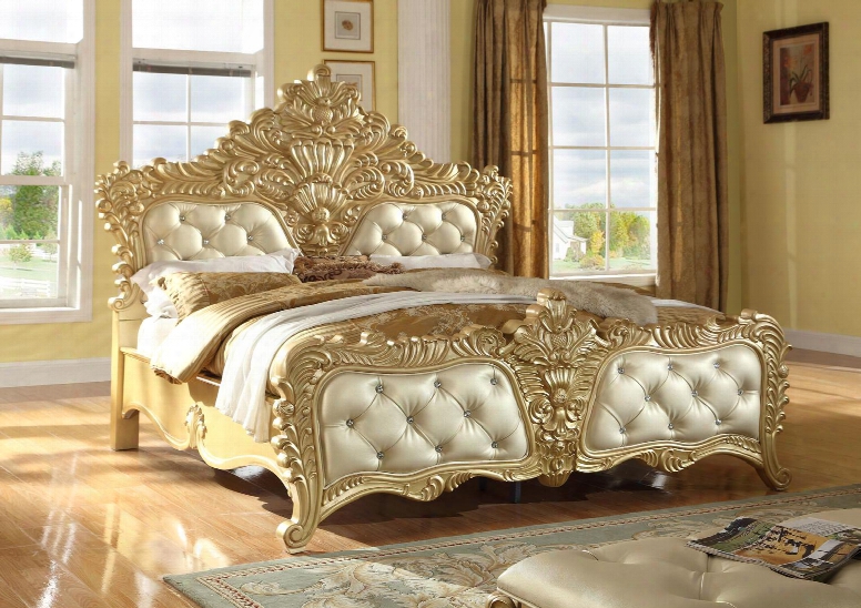 Zelda Collection Zelda-k King Size Bed With Leather Upholstery Crystal Tufting Carved Detailing And Traditional Style In Rich Gold