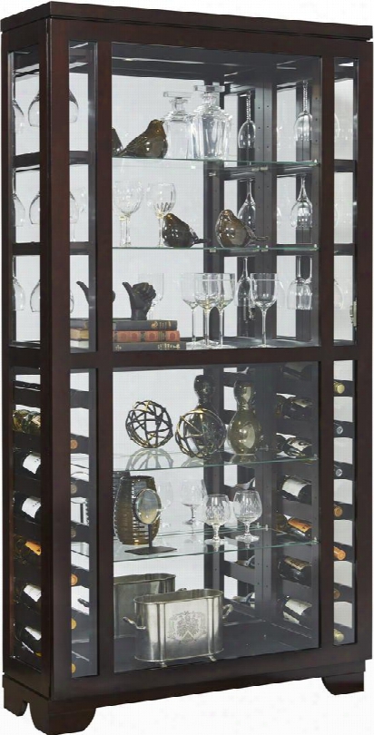 21531 81" Tall Sliding Front Wine Curio With Five Glass Shelves Glass Door Mirror Back Removable Stemware Holders And Sliding Front Door In