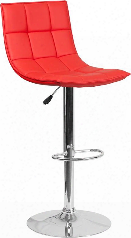 37&quo T; - 45.5" Bar Stool With Adjustabl Height Swivel S Eat Chrome Base Footrest Quilted Design Elongated Curved Back And Vinyl Upholstery In Red