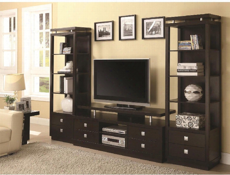 700696set 3 Pc Entertainment Center Set With Tv Console + 2 Media Towers In Cappuccino