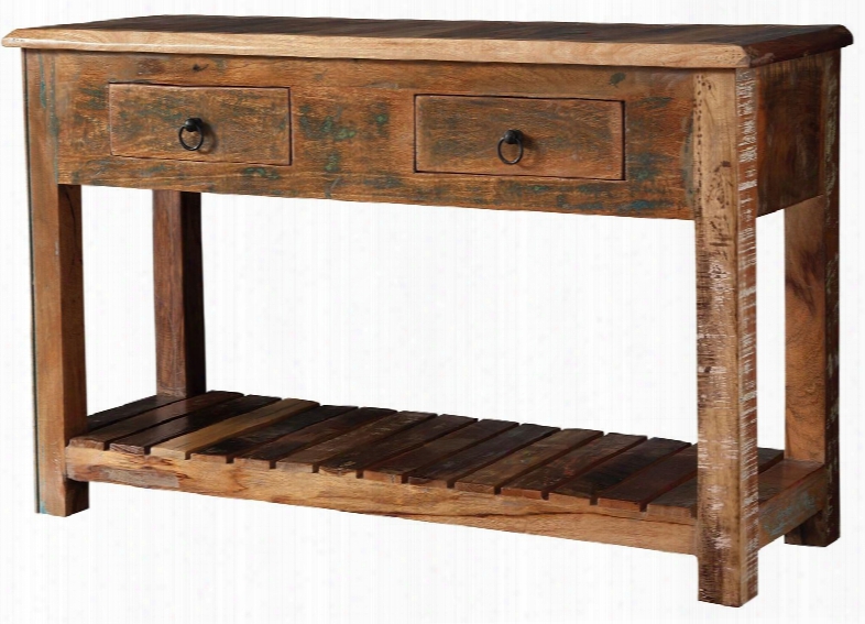 Accent Cabinets Collection 950364 48" Console Table With 2 Drawers Slat Base Shelf Metal Ring Pulls Acacia And Teak Wood Materials In Reclaimed Wood