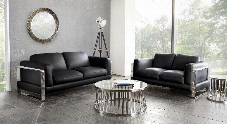 Annika Annikaslbl Sofa & Loveseat 2pc Set With Air Leather Polished Stainless Steel Arm And Plush Back Pillows In