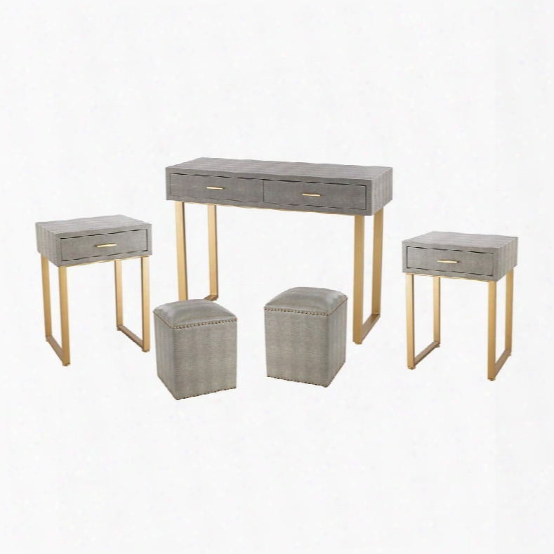 Beaufort 3169-025/s5 Set Of 5 Furniture Set With 1 Desk 2 Side Tables 2 Stools Drawers Gold Metal Hardware And Faux Shagreen Material In Grey