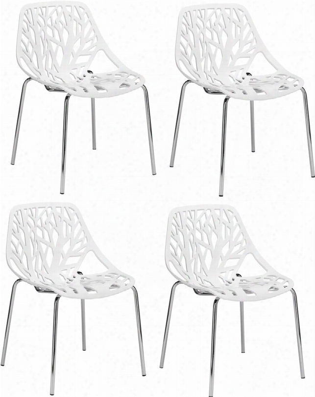 Birds Nest Collection Em-148-whi-x4 21.5" Set Of 4 Dining Side Chairs With Plastic Non-marking Feet Chrome Legs Cut-out Tree Design And Plastic Seat In White