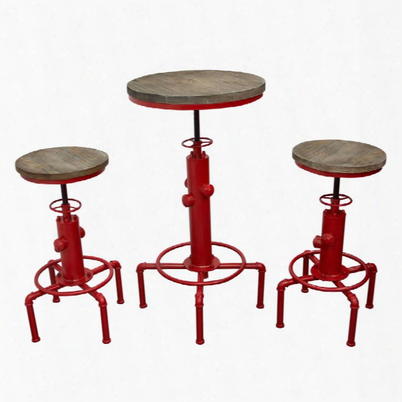Brooklyn Brooklynbt3pcre Adjustable Height Bistro Table & (2) Adjustable Height Stools 3pc Set With Adjustable Height Weathered Grey Solid Pine Seat And Red