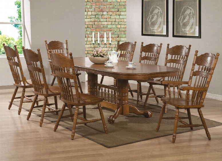 Brooks 104271set 9 Pc Dining Room Set With Table + 6 Side Chairs + 2 Arm Chairs In Oak