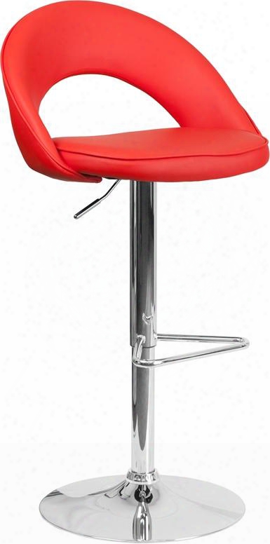 Ch-132491-red-gg 34.75" - 43.5" Bar Stool With Swivel Seat Footrest Ring Chrome Base Adjustable Seat Height Rounded Mid-back An D Vinyl Upholstery In Red