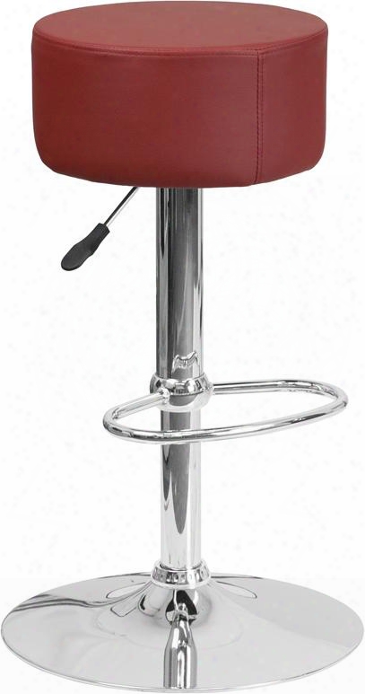 Ch-82056-burg-gg 22.25" - 30.5" Bar Stool With Adjustable Height Round Swivel Seat Chrome Base Footrest Backless Design And Vinyl Upholstery In Burgundy