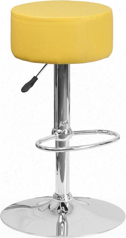 Ch-82056-yel-gg 22.25" - 30.5" Bar Stool With Adjustable Height Round Swivel Seat Chrome Base Footrest Backless Design And Vinyl Upholstery In Yellow