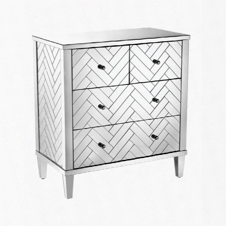 Chatelet Colletcion 1114-211 33" Chest With 4 Drawers Glossy Black Pulls Tapered Legs Herringbone Mirrored Pattern And Metal Construction In Clear