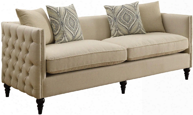 Claxton Collection 504891 85.5" Tuxedo Sofaa With Button Tufting Accent Pillows Reversible Seat Cushions Turned Legs And Linen Blend Upholstery In Oatmeal