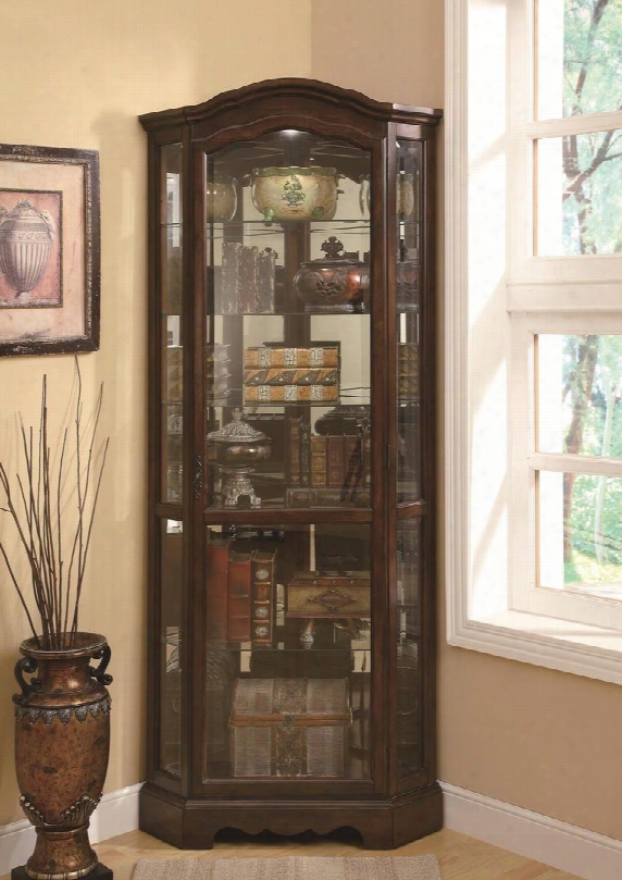 Curio Cabinets Collection 950175 32.5" Corner Curio Cabinet With 5 Glass Shelves Mirror Back Metal Hardware Shaped Crown And Base In Brown