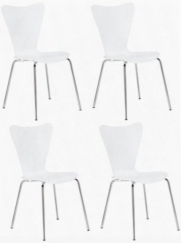 Elgin Collection Em-183-whi-x4 33.5" Set Of 4 Side Chairs With Chromed Steel Legs Curvy Lines Mid-century Design And Solid Plywood Seat In White