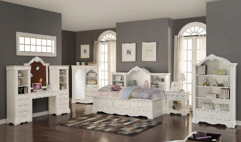 Estrella 39150set 6 Pc Bedroom Set With Daybed + Nightstand + Corkboard Frame + Desk + Wardrobe + Bookcase In White