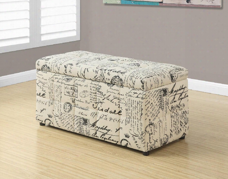 I 8986 38" Ottoman With Vintage French Script Fabric Spacious Storage And Stylish Tufted Details In