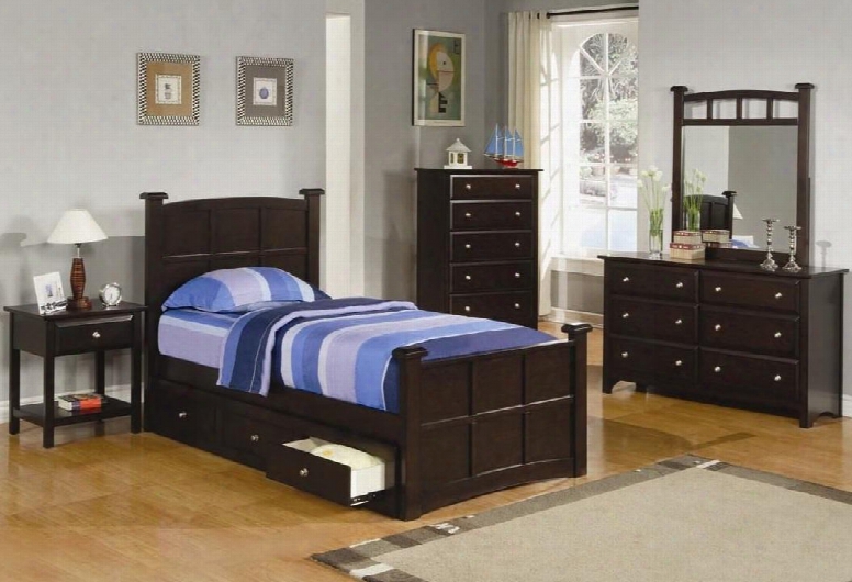 Jasper Collection 400751fset 6 Pc Bedroom Set With Full Size Panel Bed + Dresser + Mirror + Chest + Nightstand + Under Bed Storage In Cappuccino