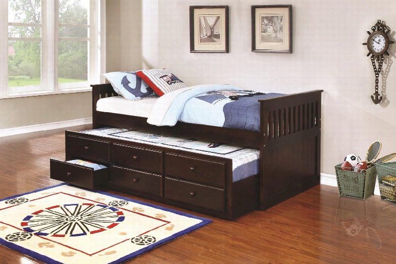 La Salle Collection 300106 Twin Size Captain's Bed With Trundle Storage Drawers Simple Slatted Ends And Solid Wood Construction In Cappuccino