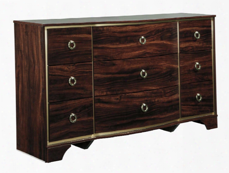 Lenmara Collection B247-31 62" 9-drawer Dresser With Gold Color Trim Replicated Mahogany Grain And High-sheen Finish In Reddish