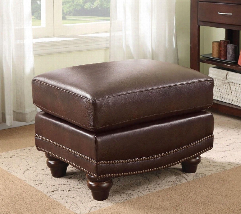 Lockhart Collection 504694 27" Ottoman With Nail Head Trim Curved Front Turned Wooden Legs And Leathwr Upholstery In Burgundy Brown