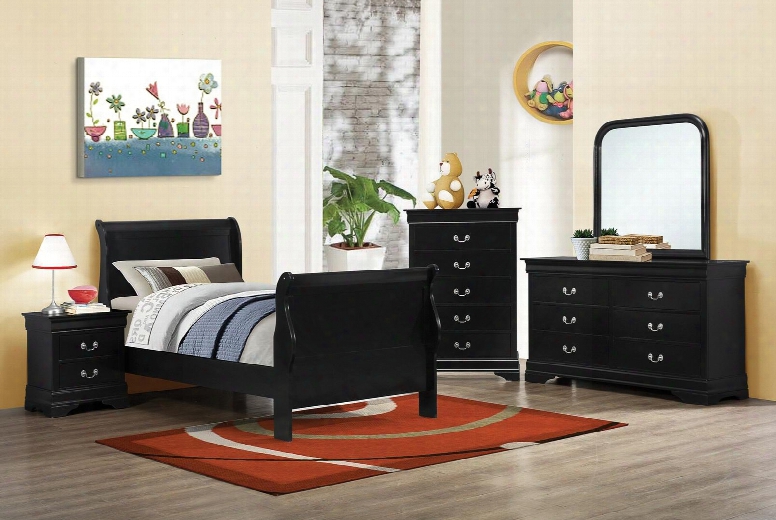 Louis Philippe 203961tset 5 Pc Bedroom Set With Twin Size Sleigh Bed + Dresser + Mirror + Chest + Nightstand In Black