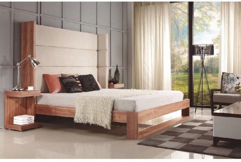 Lyon Collection Cb-709-k 96" King Size Platform Bed With Walnut Overlay Frame And Light Taupe Fabric