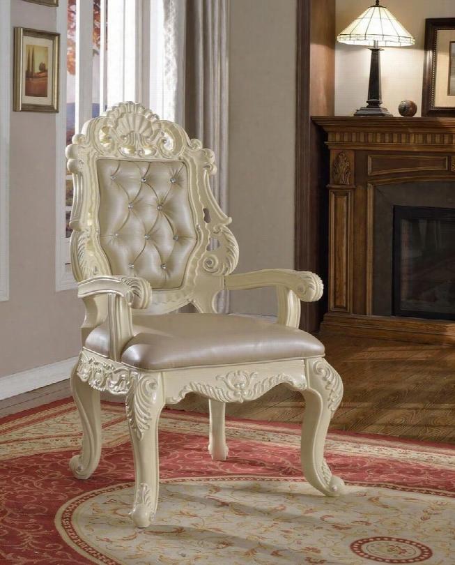 Madrid 702-ac 46" Arm Chair With Cabriole Legs Bonded Leather Upholstery And Crystal Tufting In Rich Pearl White