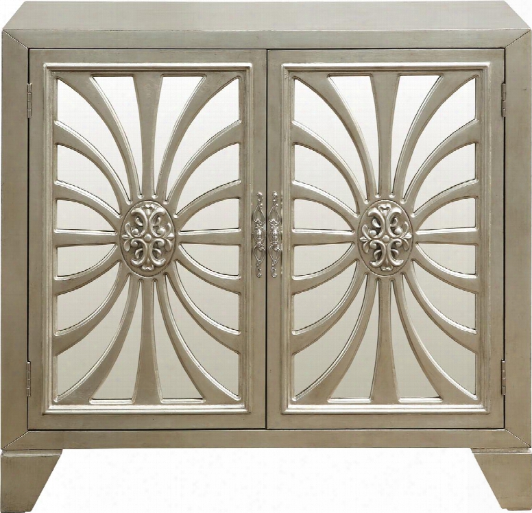 P017172 40.25" Mirrored Door Bar Cabinet With Stemware Rack Adjustable Shelf Carved Detailing And Talered Legs In