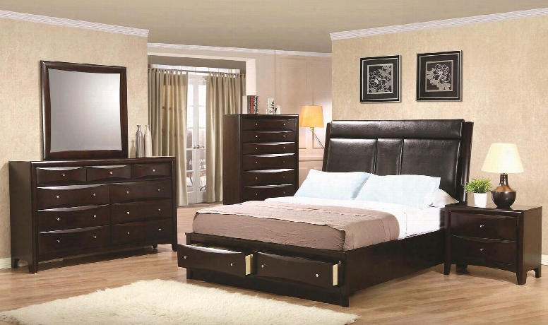 Phoenix 200419keset 5 Pc Bedroom Set With Eastern King Size Platform Bed + Dresser + Mirror + Chest + Nightstand In Cappuccino