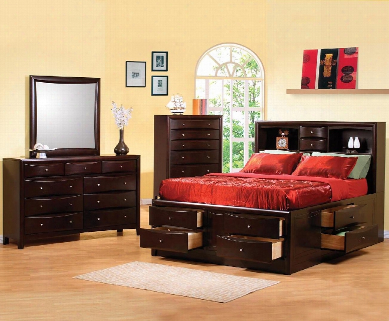 Phoenix Collection 200409kwset 4 Pc Bedroom Set With California King Bed + Dresser + Mirror + Chest In Deep Cappuccino