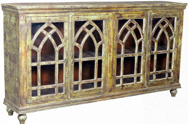 Poona 13411 82" Console With Cathedral-shaped Fretwork One Fixed Shelf And Glass Door Fronts In