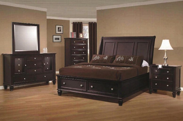 Sandy Beach Collection 201990qset5  Pc Bedroom Set With Queen Size Sleigh Bed + Dresser + Mirror + Chest + Nightstand In Cappuccino