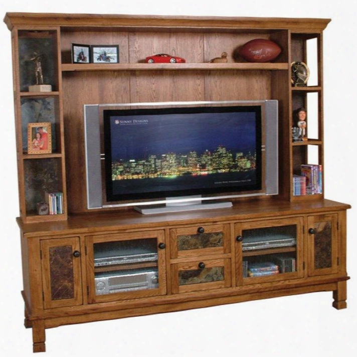 Sedona Collection 2702ro 78" Tv Console & Hutch With 4 Fixed Glass Shelvess With Wooden Frame 2 3-way Touch Light And Adjustable Shelves In Rustic Oak