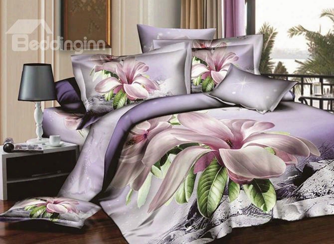 100% Cotton Lilac Magnolia 3d Printed 4-piece Duvet Cover Sets