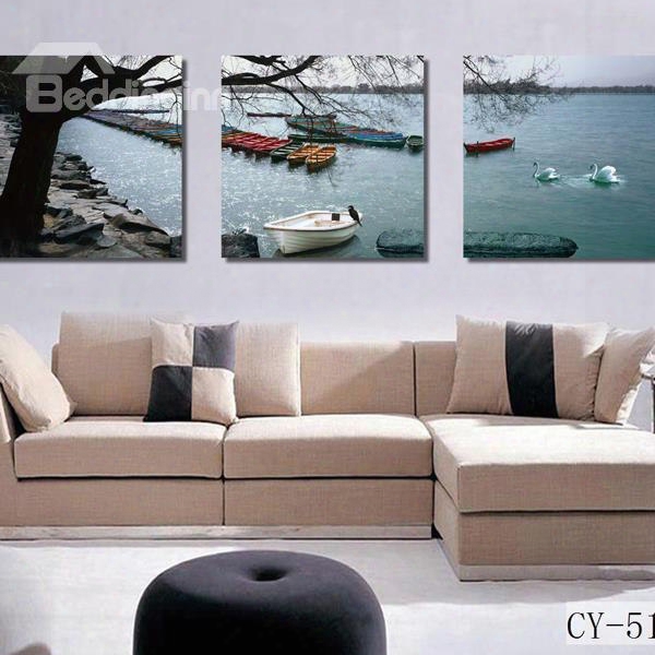 16␔16in␔3 Panels Boats In Lake Hanging Canvas Waterproof And Eco-friendly Framed Prints