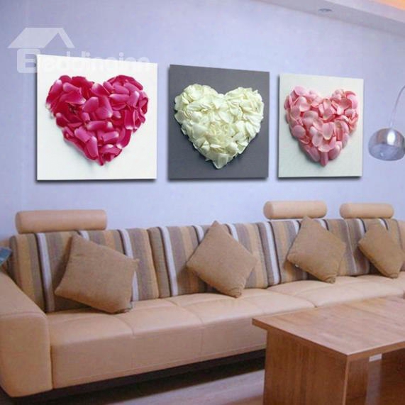 16␔16in␔3 Panels Heart-shaped Petals Blossom Hanging Canvas Waterproof Eco-friendly Rectangul Ar Framed Prints