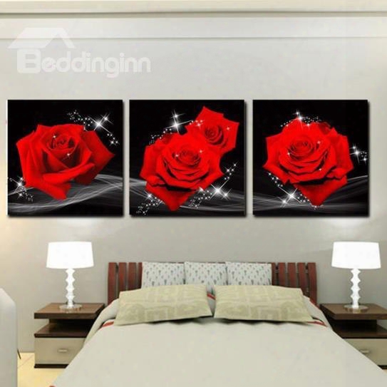 16␔16in␔3 Panels Red Roses Hanging Canvas Waterproof And Eco-friendly Black Framed Prints