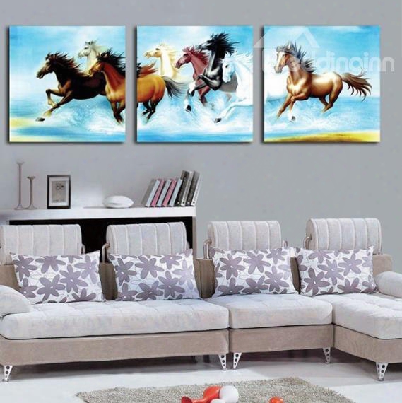16␔16in␔3 Panels Rushing Horses Printed Hanging Canvas Waterproof And Eco-friendly Framed Prints