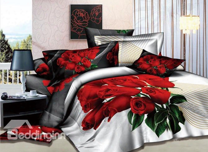3d A Bunch Of Red Roses Printed Cotton 4-piece White Bedding Sets