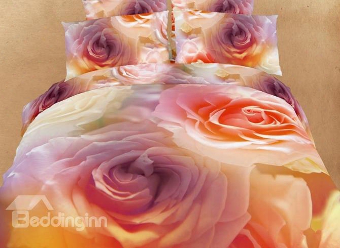 3d Blooming Colorful Roses Printed Cotton 4-piece Bedding Sets/duvet Cover