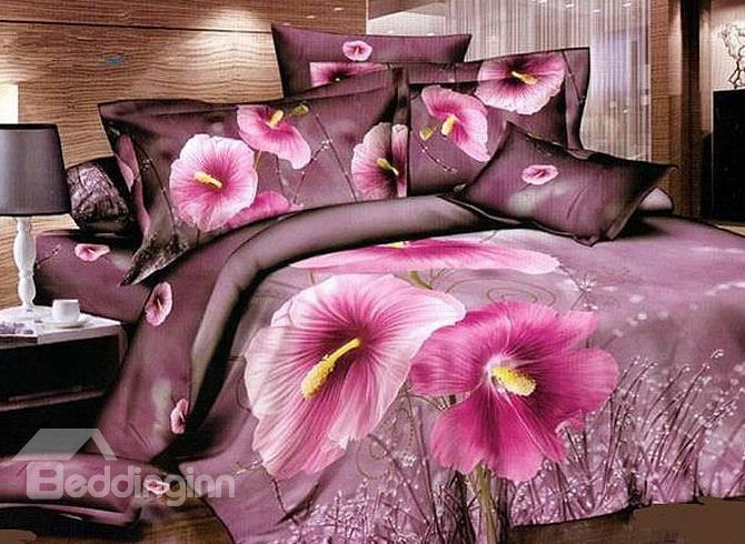 3d Blooming Pink Dutch Crocus Printed Cotton 4-piece Bedding Sets/duvet Cover