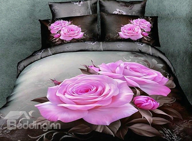 3d Blooming Pink Roses Cotton Luxury 4-piece Bedding Sets/duvet Cover