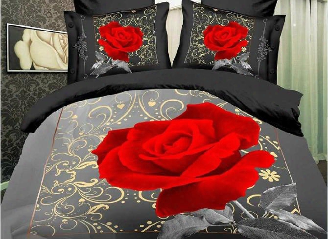 3d Blooming Red Rose Printed Cotton 4-piece Grey Bedding Sets/duvet Cover