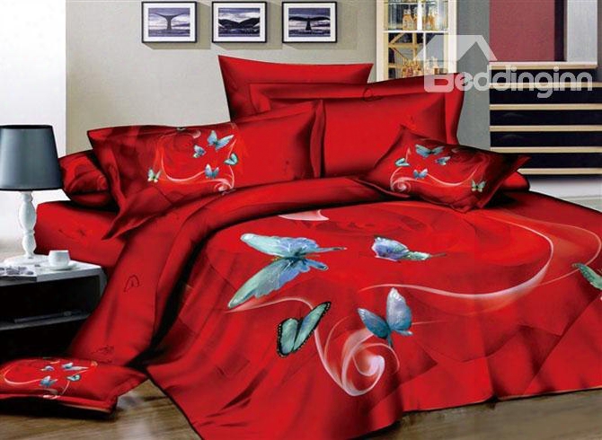 3d Blue Butterflies Printed Cotton 4-piece Red Bedding Sets/duvet Covers