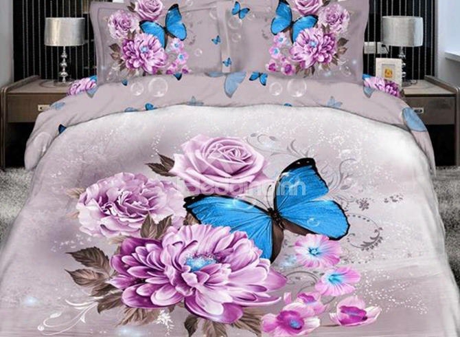3d Blue Butterfly Surrounding Purple Flowers Printed Cotton 4-piece Bedding Sets